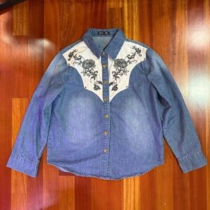 SHEIN Flower Embroidered Denim Shirt, M